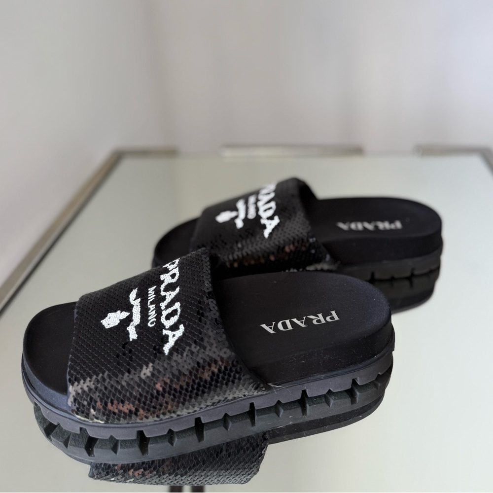 EUC Prada Black Paillettes Sequin Logo Slide Sandals 36 - Picture 2 of 7